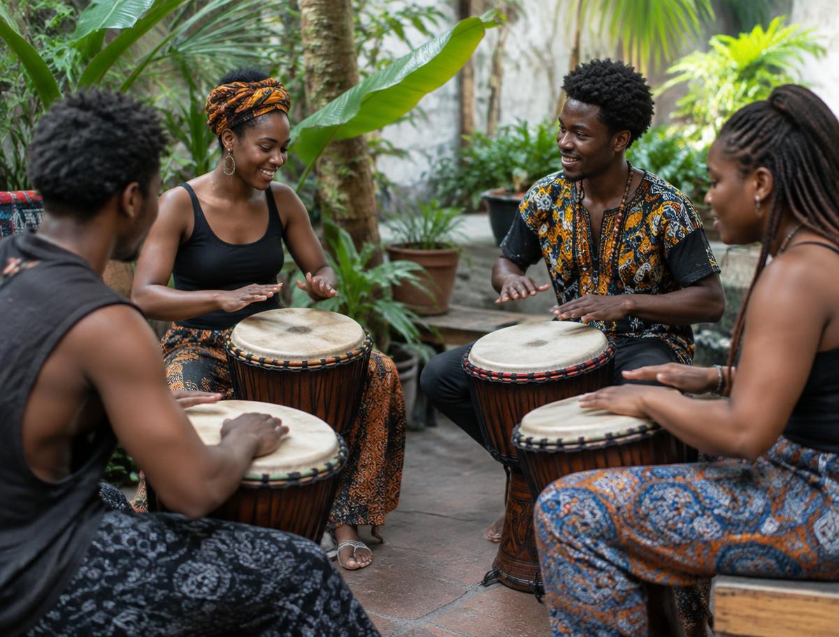 African creatives sharing a drumming workshop